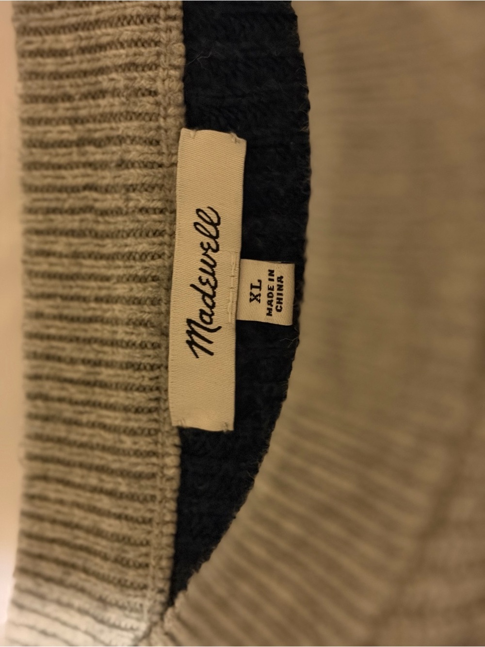 Madewell women’s Crewneck Sweater in Grey and Black Trim.. Front grey. Back navy